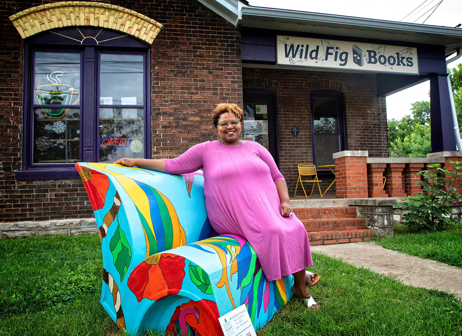 One of Lexington's benches portrays Crystal Wilkinson's 2016 book, "The Birds of Opulence," published by University Press of Kentucky. The bench can be seen outside Wilkinson's Wild Fig. Mark Cornelison | UK Photo.