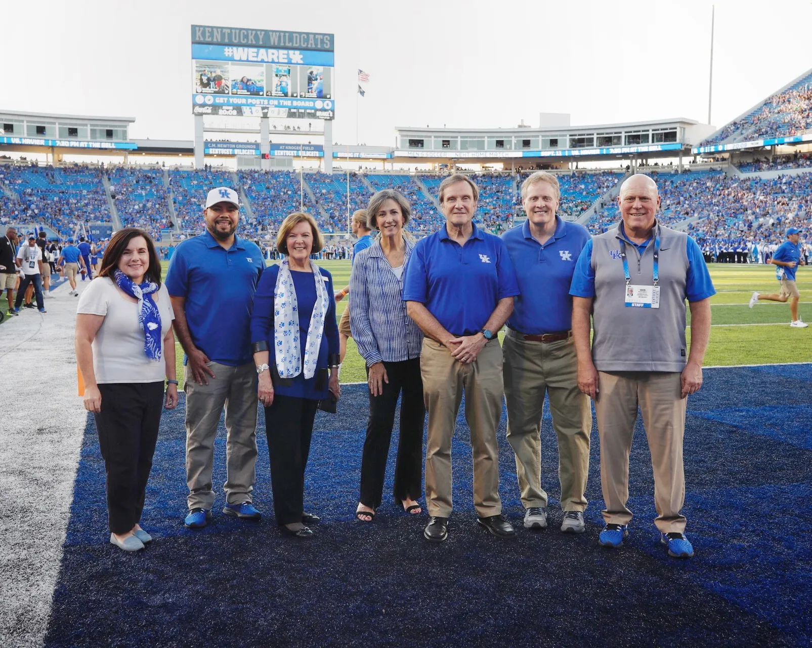 Kroger Field recognition L-R: Jennifer Greer, Julian Vasquez Heilig, Rossetta Sandidge (previous interim Education dean), Mary Davis, Jeffrey Okeson, Derek Lane (previous CI interim dean) and Provost David Blackwell. Mark Cornelison | UK Photo.