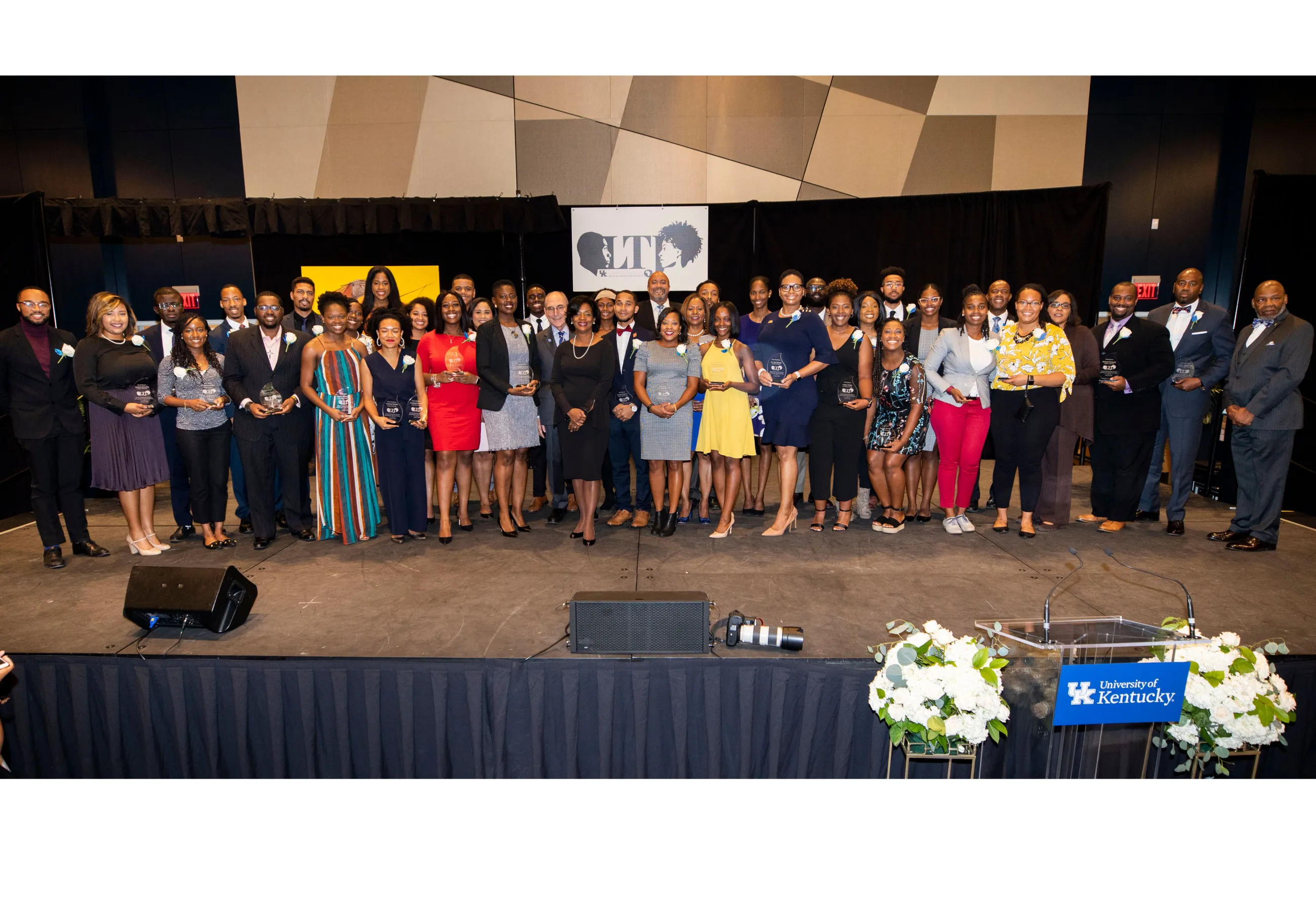 The 29th annual Lyman T. Johnson Torch of Excellence Awards Banquet was held Oct. 11 at the Gatton Student Center. Winners posed for a photo after the ceremony. Pete Comparoni | UK Photo.