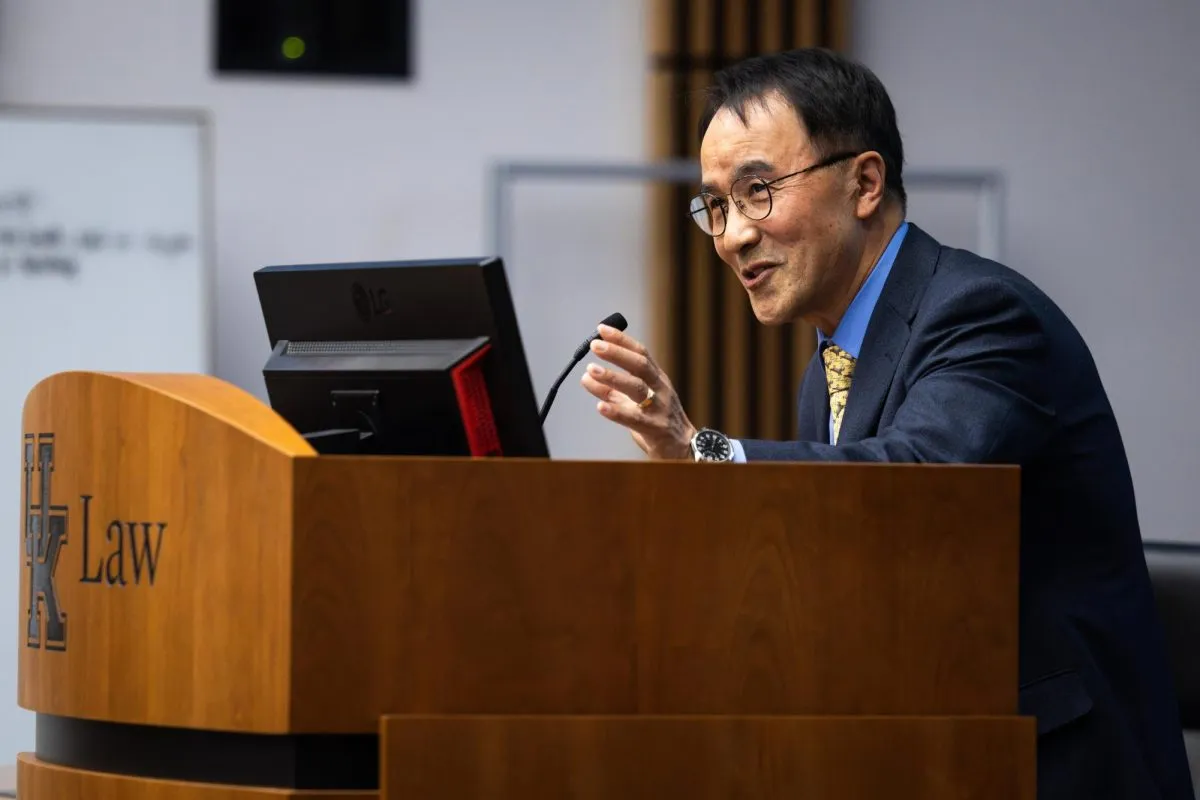 Dr. Kyu Ho Youm speaks during the State of the First Amendment Address on Thursday, Nov. 2, 2023, at the Rosenberg College of Law in Lexington, Kentucky. Photo by Samuel Colmar.