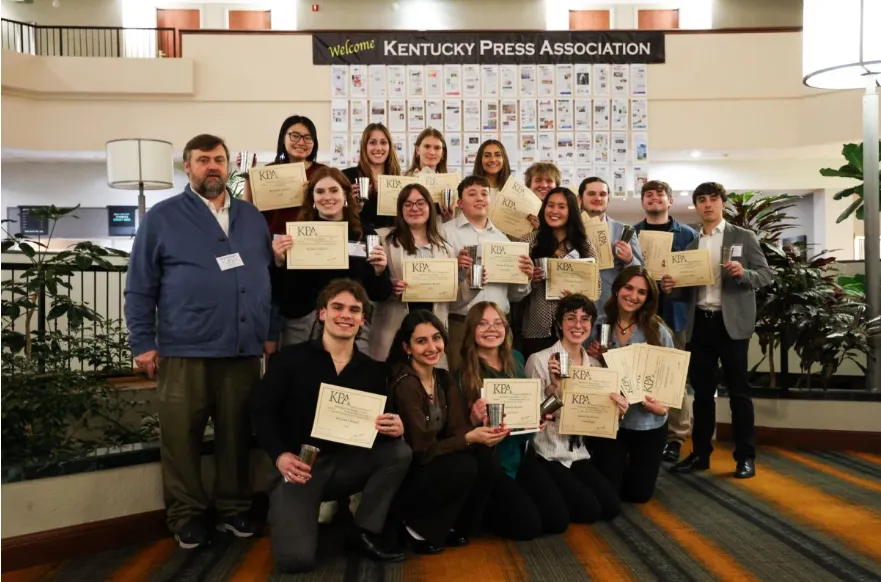  The Kentucky Kernel staff poses with its awards from the Kentucky Press Association News Excellence awards on Friday, Jan. 26, 2024, at the Holiday Inn University Plaza in Bowling Green, Kentucky. Photo by David Stephenson.