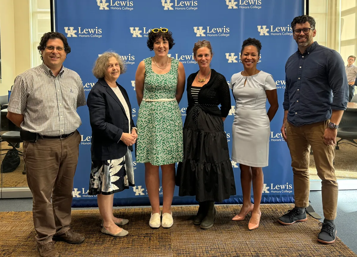 The six professors selected as Lewis Honors College’s inaugural Faculty Fellows are, from left, Marcelo Guzman, Abigail Firey, Elizabeth Williams, Liz Swanson, Devyn Spence Benson and Joe Martin. Photo by Adrienne Clarke.