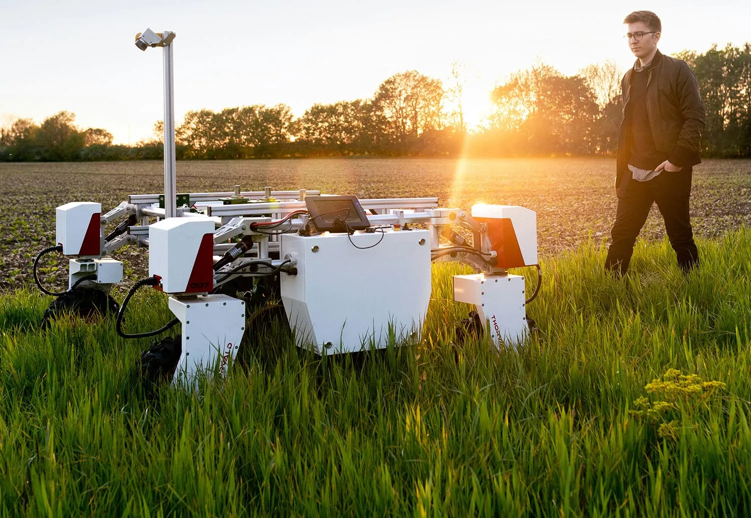 A mechanical engineer walks with a sustainable agricultural robot. (Photo by ThisisEngineering, Unsplash)