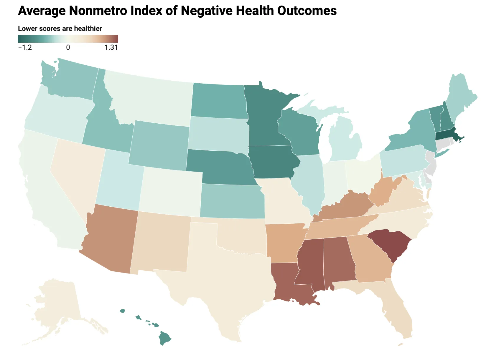 The index is based on weighted health outcomes that measure the quality and length of one's life. (Map by Sarah Melotte, The Daily Yonder, from County Health Rankings data)