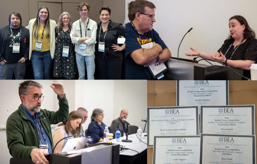 Clockwise from top left: Professor Carey Higgins-Dobney and JAM alum David Ashley (center), Professor Jen Smith, BEA student award certificates, Professor David Stephenson.