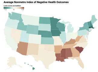 The index is based on weighted health outcomes that measure the quality and length of one's life. (Map by Sarah Melotte, The Daily Yonder, from County Health Rankings data)