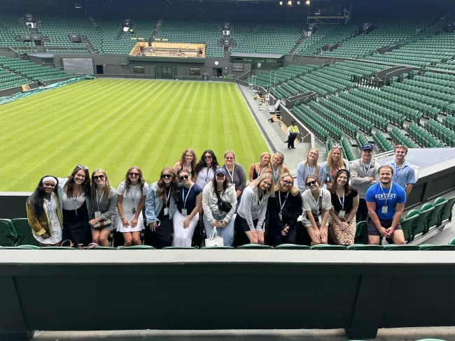 Study abroad students pose at Chelsea Stadium