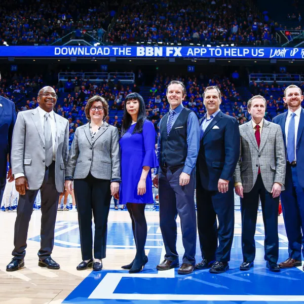 The Great Teachers were honored at Rupp Arena. (Left to right) J. Fritz Skeen, Melvin Coffee, Margaret Rintamaa, Wendy Liu, Michael D. Toland, Gregory Luhan, Charles Hazle Jr., Will Nash and Tim Walsh.