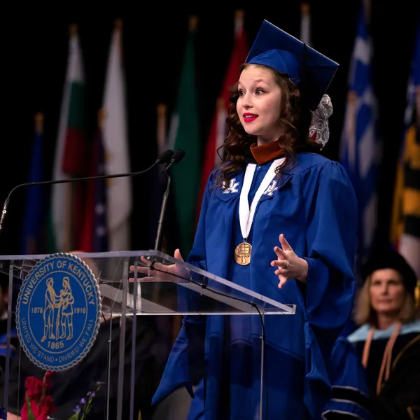 Kelsey Allmon speaks at the December 2018 commencement ceremony. Mark Cornelison | UK Photo.