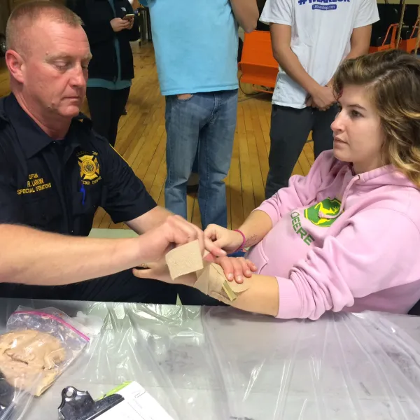 Capt. Rob Larkin of the Lexington Fire Department participated in the simulation and led a debrief with Clayton Oliver of the Lexington-Fayette Urban County Government Division of Emergency Management.