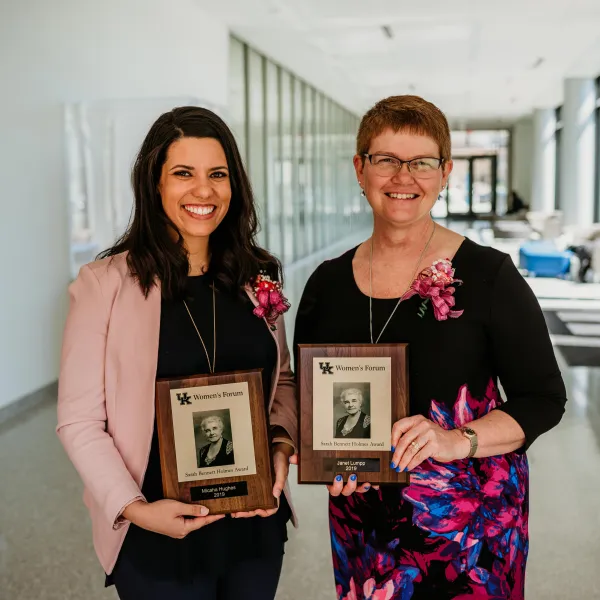 The 2019 Sarah Bennett Holmes Award winners are staff recipient Micaha Hughes, left, and faculty recipient Janet Lumpp, both from the College of Engineering. Photo by Sarah Caton.