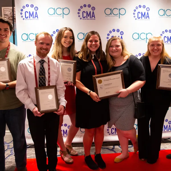 L-R: photo editors Michael Clubb, Jordan Prather, asst. news/lifestyle editor Hailey Peters, former editor-in-chief Bailey Vandiver, former managing editor McKenna Horsley, asst. news/lifestyle editor Natalie Parks, and former opinions editor Sarah Ladd.