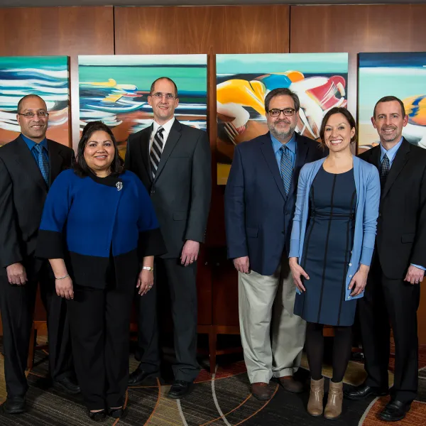 The 2017 Great Teachers (L-R) Sherali Zeadally, Gitanjali Pinto-Sinai, Nathan Vanderford, Richard Andreatta, Michelle Sizemore, Jeff Reese. Photo by Tim Webb.