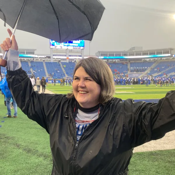 At UK's home football game Saturday, celebrated chef, restaurateur and UK alumna Ouita Michel was recognized for her work as one of the original champions of Kentucky’s local food movement. Kelley Bozeman | UK Photo.