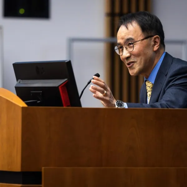 Dr. Kyu Ho Youm speaks during the State of the First Amendment Address on Thursday, Nov. 2, 2023, at the Rosenberg College of Law in Lexington, Kentucky. Photo by Samuel Colmar.