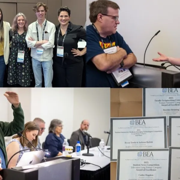 Clockwise from top left: Professor Carey Higgins-Dobney and JAM alum David Ashley (center), Professor Jen Smith, BEA student award certificates, Professor David Stephenson.